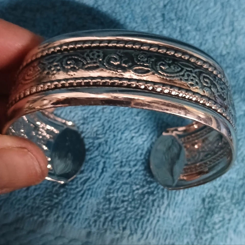 Silver Ornate Cuff Bracelet Flower Design